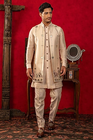 Peach Dupion Silk Motif Work Open-Indowestern Set by ADANI