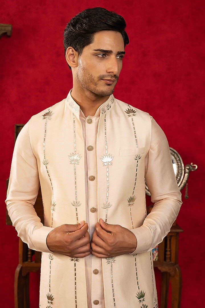 Peach Dupion Silk Motif Work Open-Wedding Indowestern Set by ADANI at Pernia's Pop Up Shop