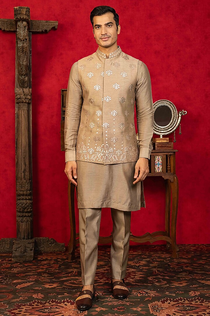 Almond Brown Dupion Silk Foil Applique Work Bundi jacket Set by ADANI at Pernia's Pop Up Shop