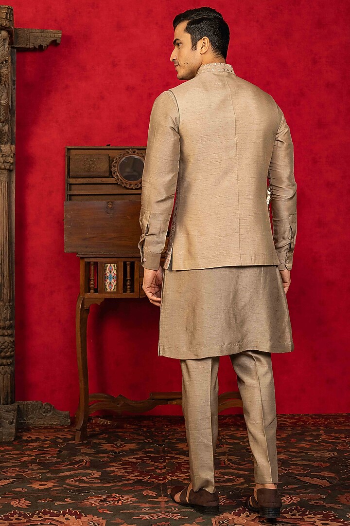 Almond Brown Dupion Silk Foil Applique Work Bundi jacket Set by ADANI at Pernia's Pop Up Shop