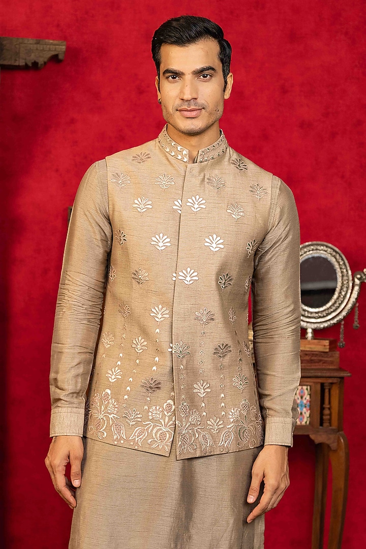 Almond Brown Dupion Silk Foil Applique Work Bundi jacket Set by ADANI at Pernia's Pop Up Shop