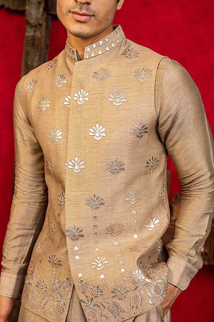 Almond Brown Dupion Silk Foil Applique Work Bundi jacket Set by ADANI at Pernia's Pop Up Shop