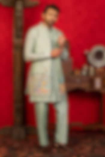 Light Blue Dupion Silk Aari Embroidered Open-Wedding Indowestern Set by ADANI at Pernia's Pop Up Shop