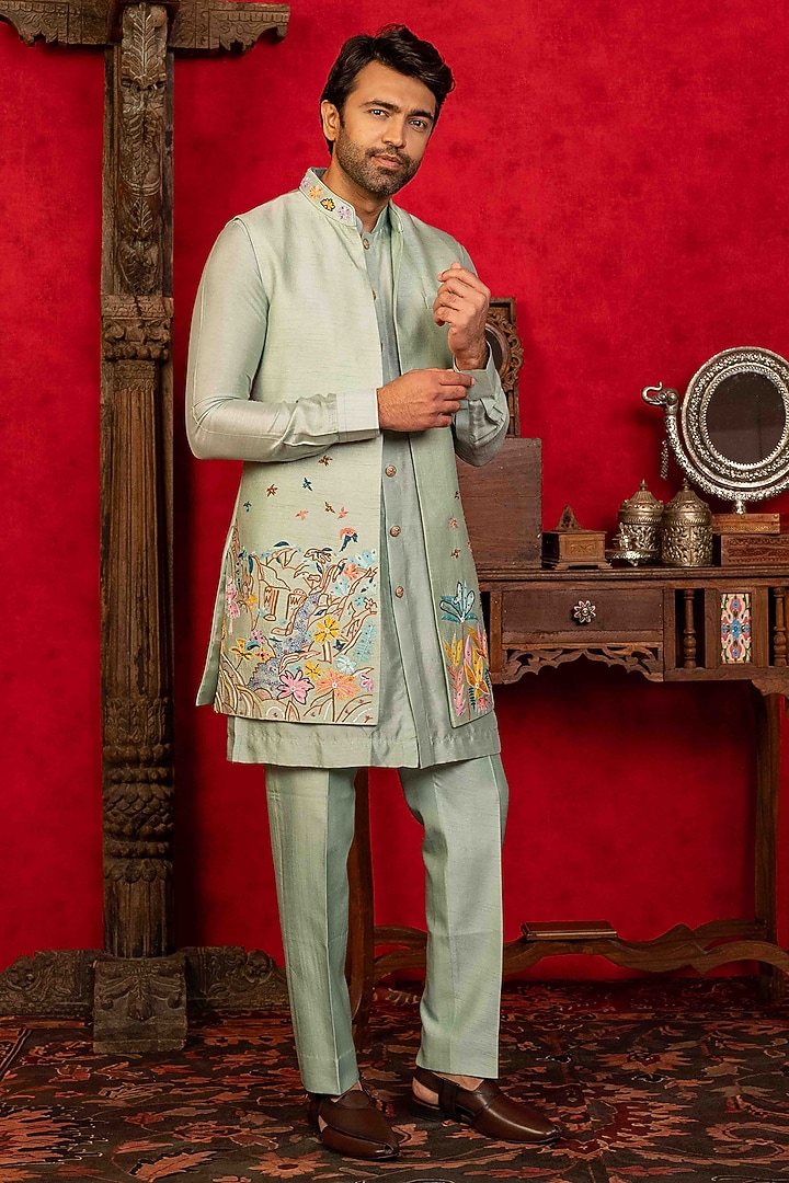 Light Blue Dupion Silk Aari Embroidered Open-Wedding Indowestern Set by ADANI at Pernia's Pop Up Shop