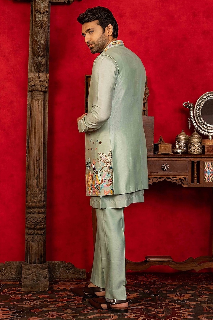 Light Blue Dupion Silk Aari Embroidered Open-Wedding Indowestern Set by ADANI at Pernia's Pop Up Shop