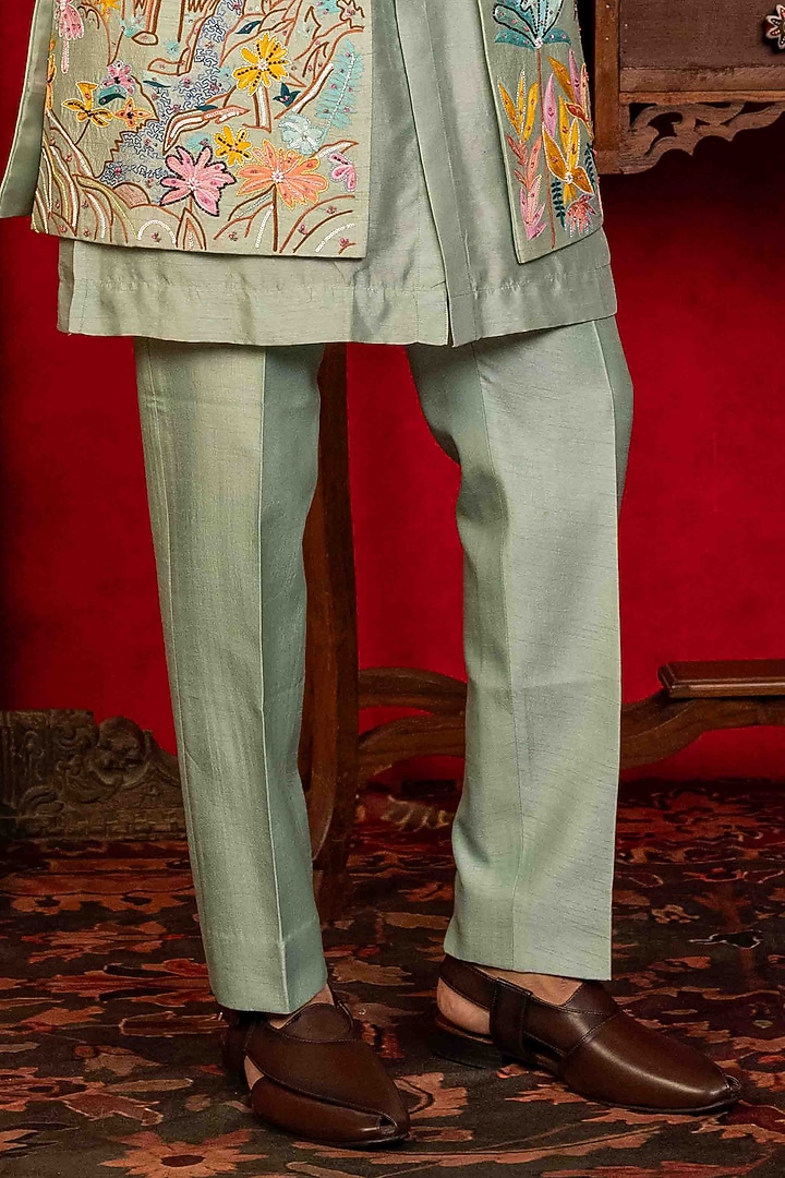 Light Blue Dupion Silk Aari Embroidered Open-Wedding Indowestern Set by ADANI at Pernia's Pop Up Shop