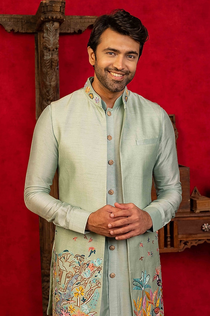 Light Blue Dupion Silk Aari Embroidered Open-Wedding Indowestern Set by ADANI at Pernia's Pop Up Shop