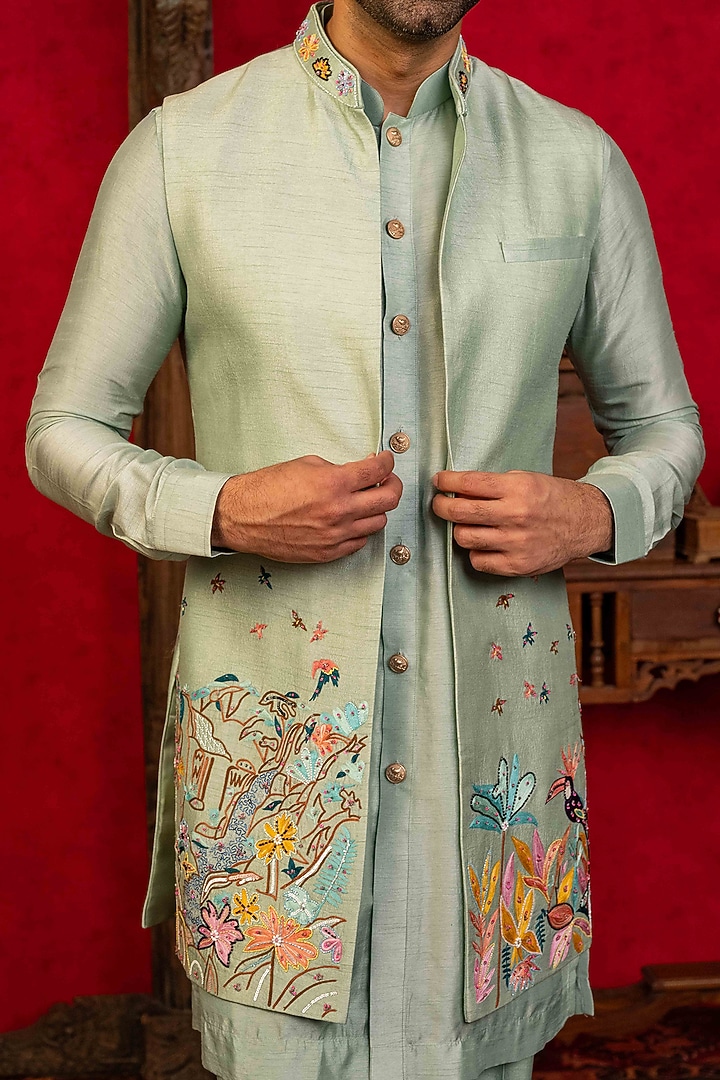 Light Blue Dupion Silk Aari Embroidered Open-Wedding Indowestern Set by ADANI at Pernia's Pop Up Shop