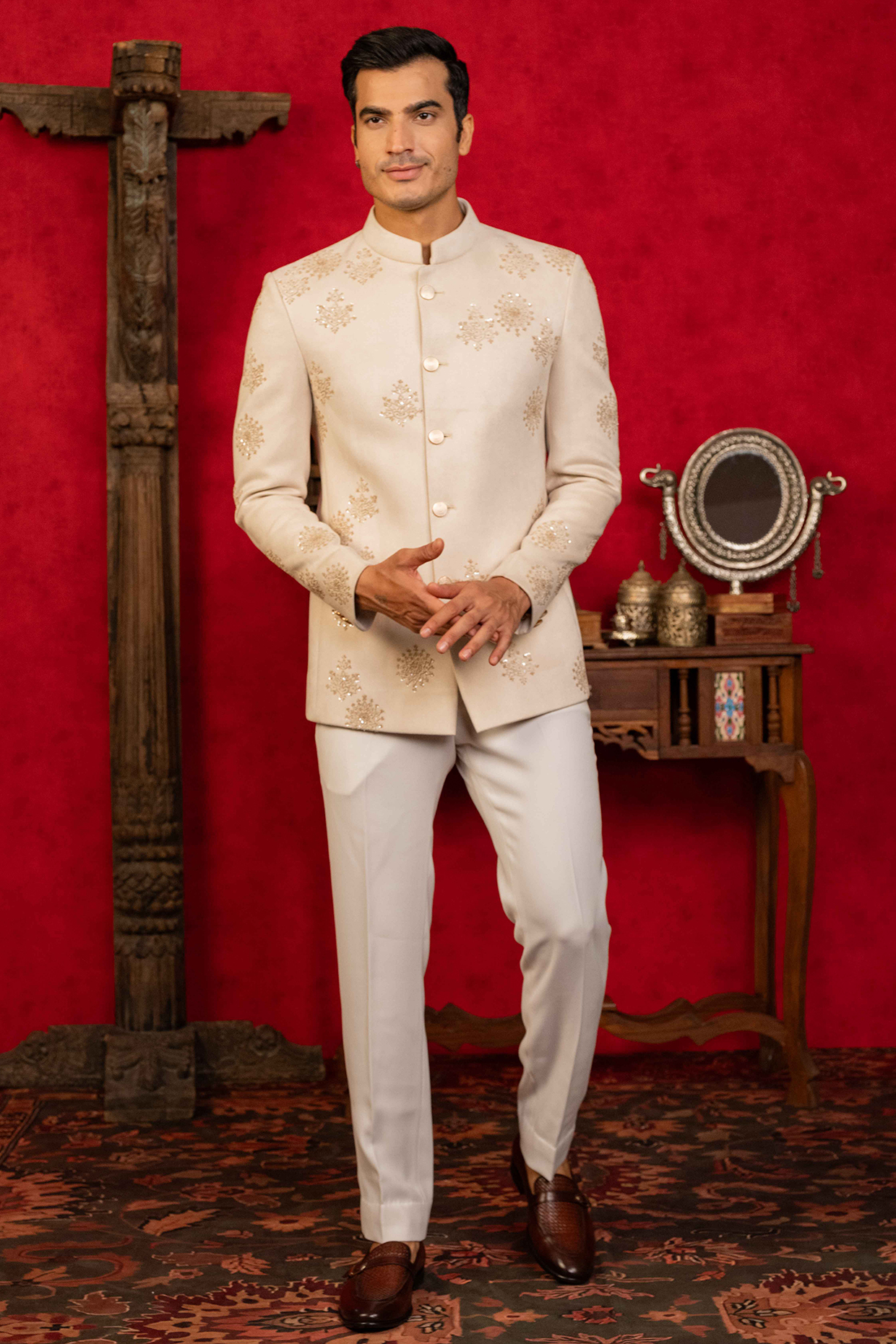 Cream Suede Hand Embroidered Jodhpuri Set by ADANI