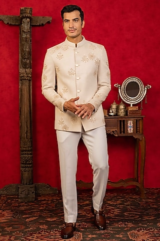 Cream Suede Hand Embroidered Jodhpuri Set by ADANI