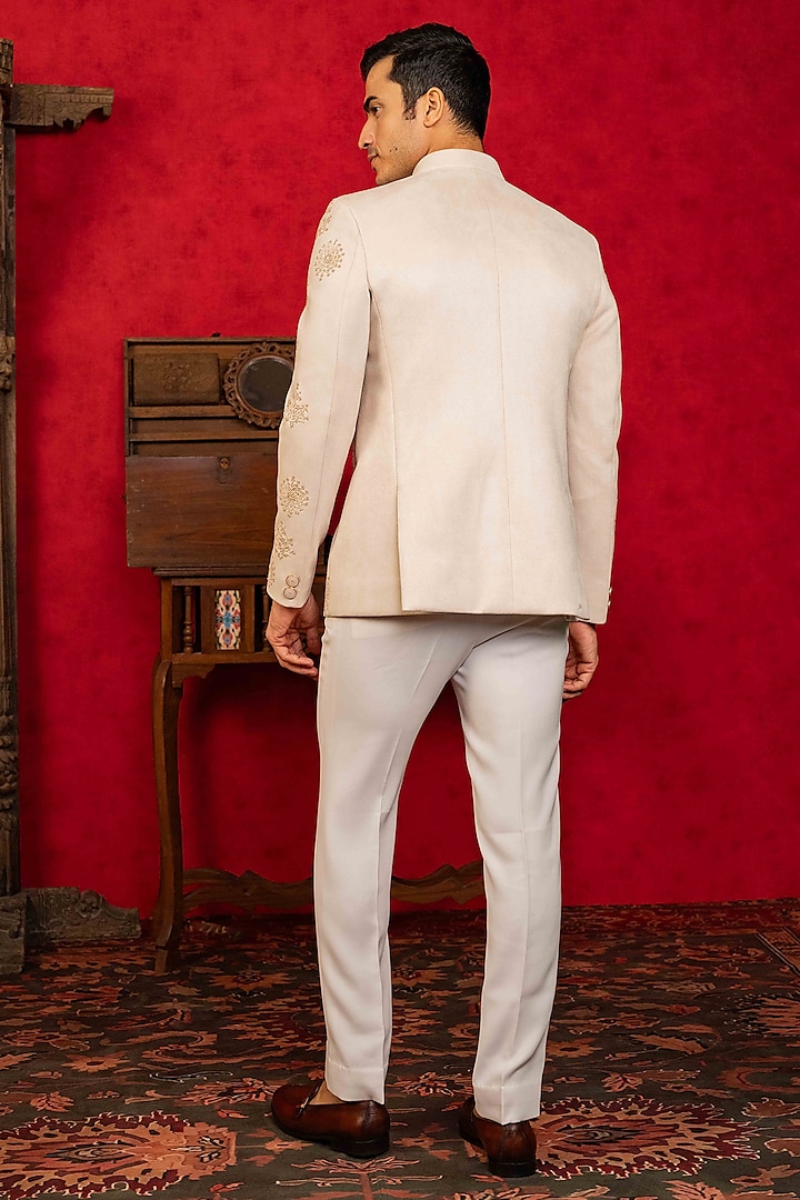 Cream Suede Hand Embroidered Jodhpuri Set by ADANI at Pernia's Pop Up Shop