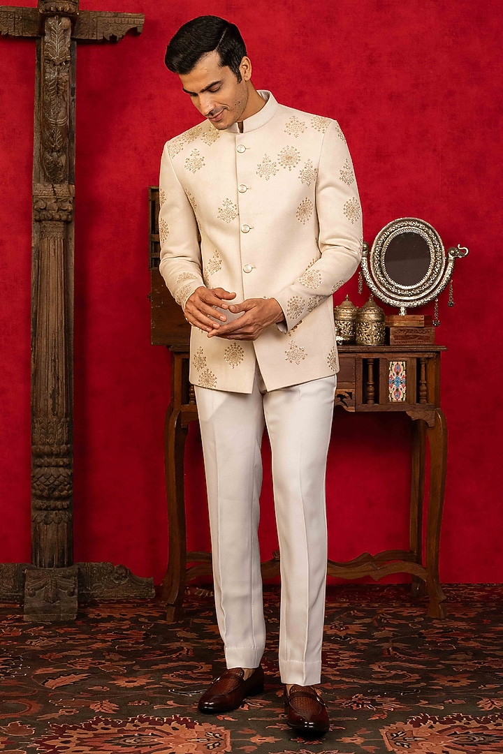 Cream Suede Hand Embroidered Jodhpuri Set by ADANI at Pernia's Pop Up Shop