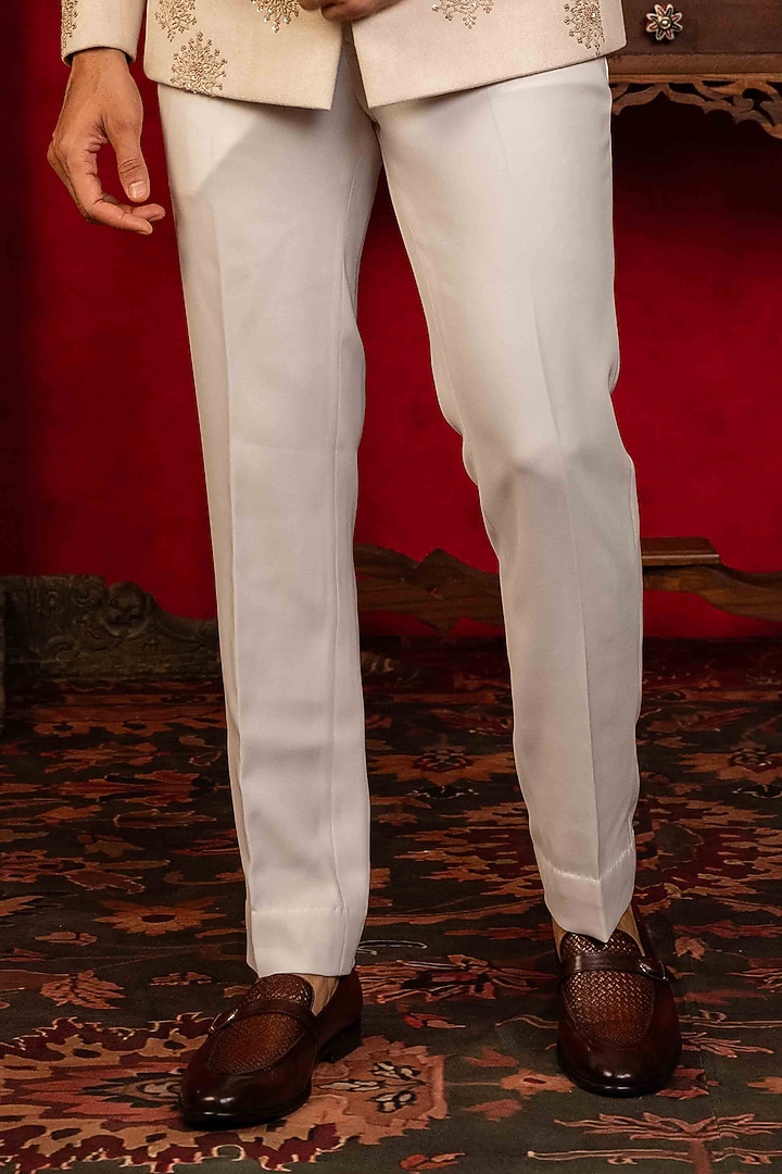 Cream Suede Hand Embroidered Jodhpuri Set by ADANI at Pernia's Pop Up Shop