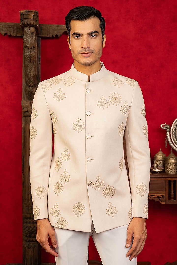 Cream Suede Hand Embroidered Jodhpuri Set by ADANI at Pernia's Pop Up Shop