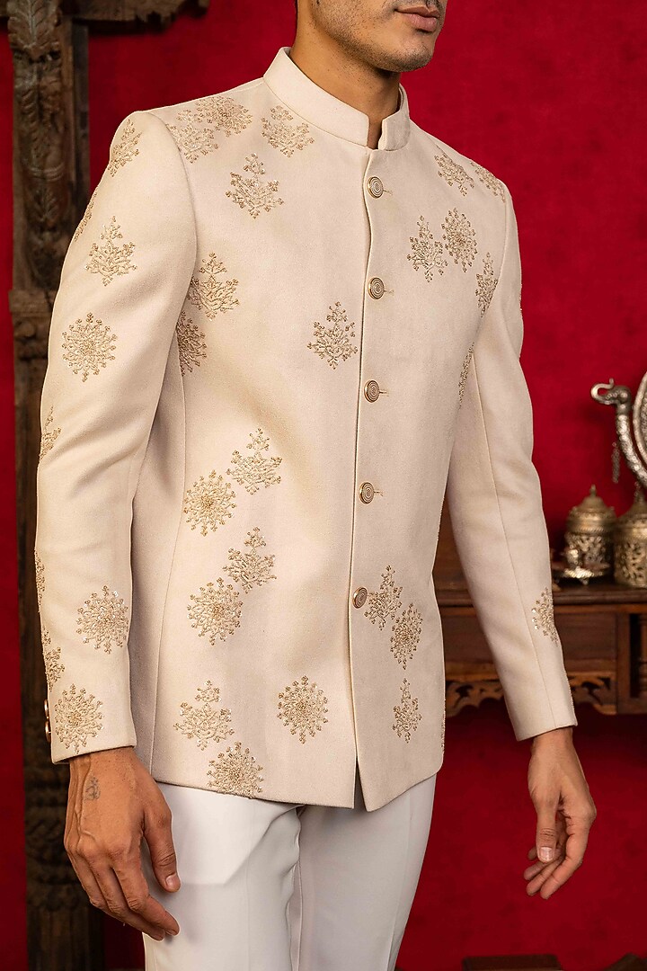 Cream Suede Hand Embroidered Jodhpuri Set by ADANI at Pernia's Pop Up Shop