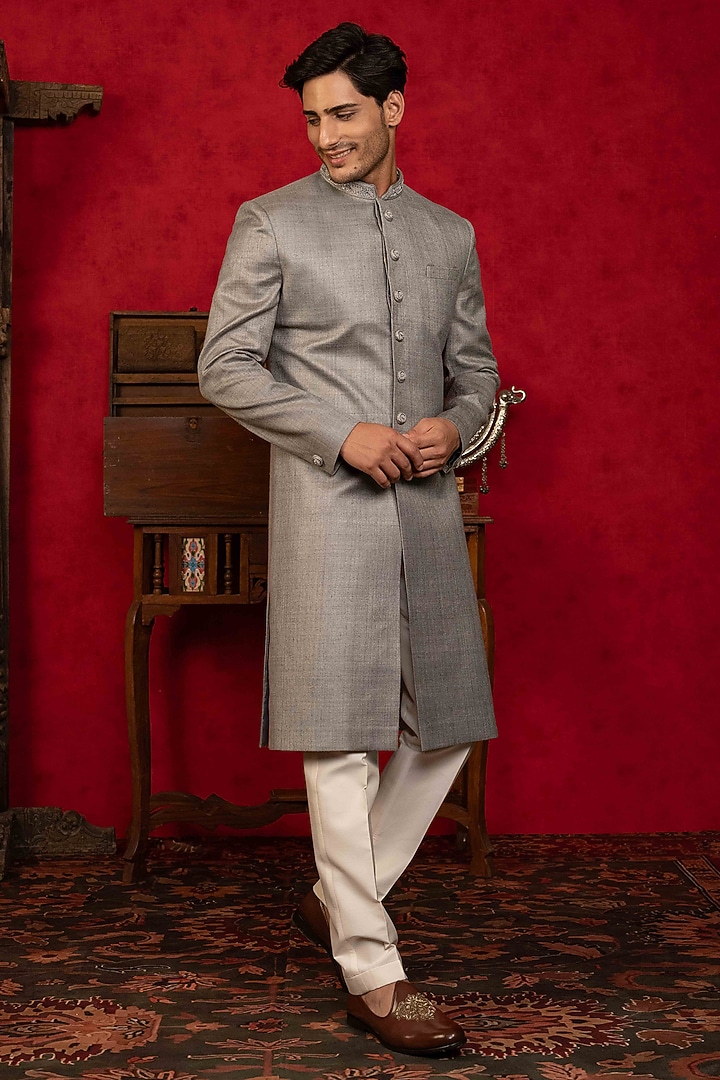 Silver Matka Hand Embroidered Wedding Indowestern Set by ADANI at Pernia's Pop Up Shop