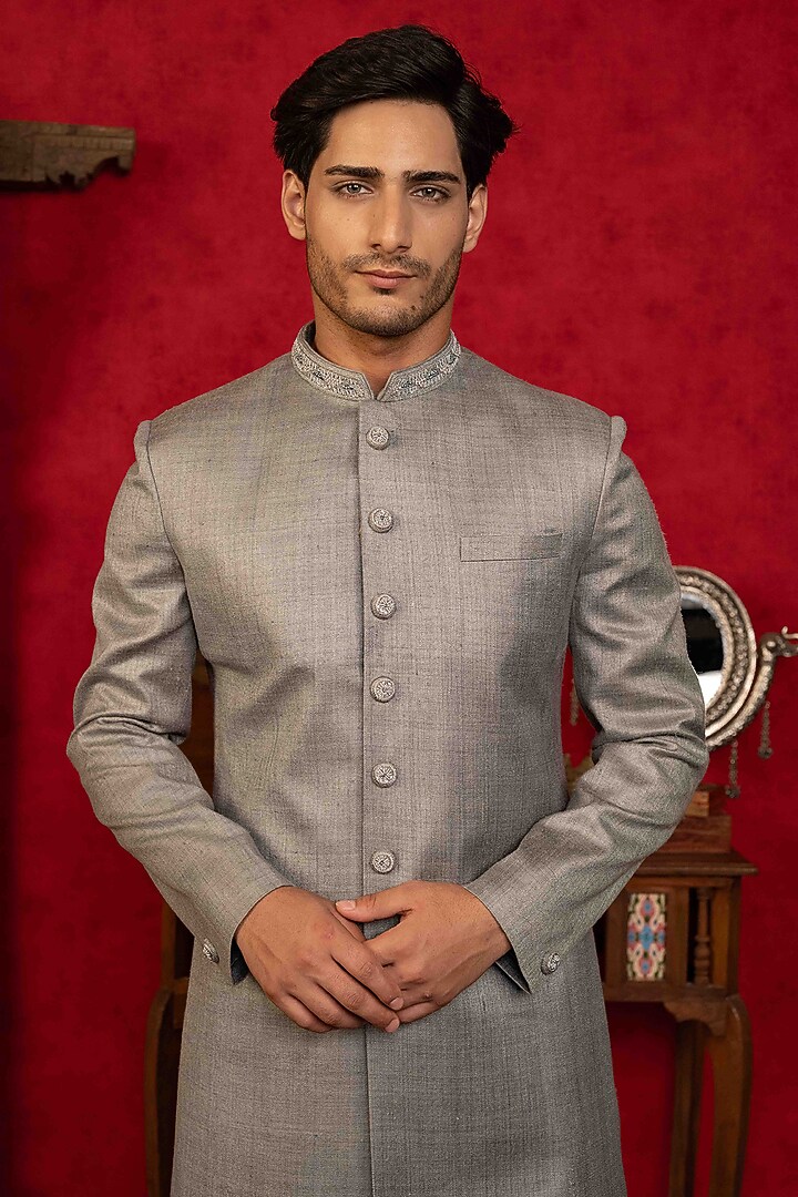 Silver Matka Hand Embroidered Wedding Indowestern Set by ADANI at Pernia's Pop Up Shop