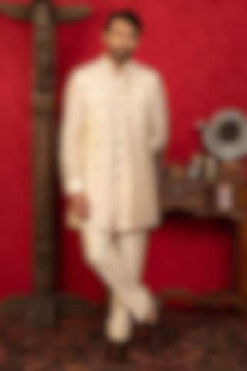 Peach Dupion Silk Mirror Embroidered Open-Wedding Indowestern Set by ADANI at Pernia's Pop Up Shop