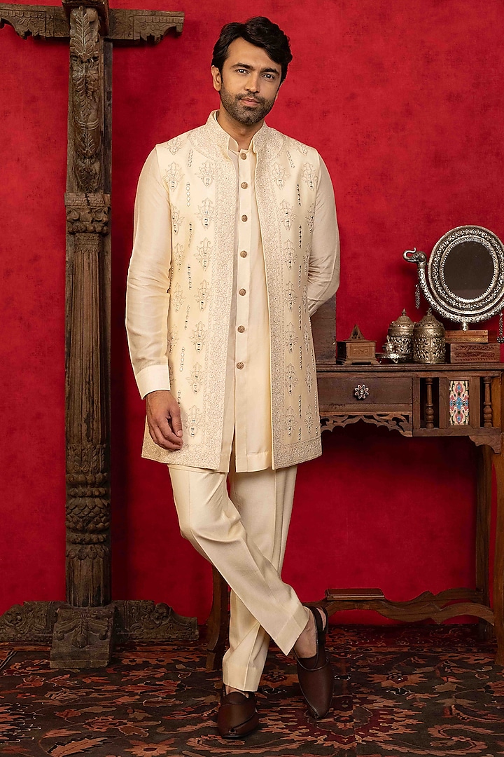 Peach Dupion Silk Mirror Embroidered Open-Wedding Indowestern Set by ADANI at Pernia's Pop Up Shop