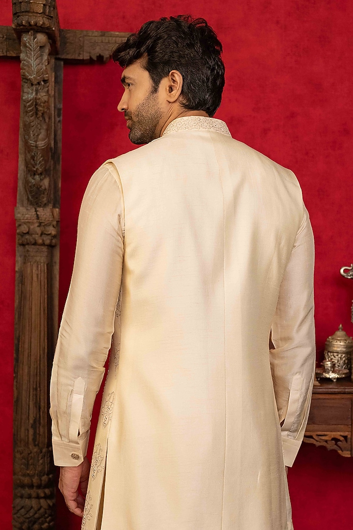 Peach Dupion Silk Mirror Embroidered Open-Wedding Indowestern Set by ADANI at Pernia's Pop Up Shop
