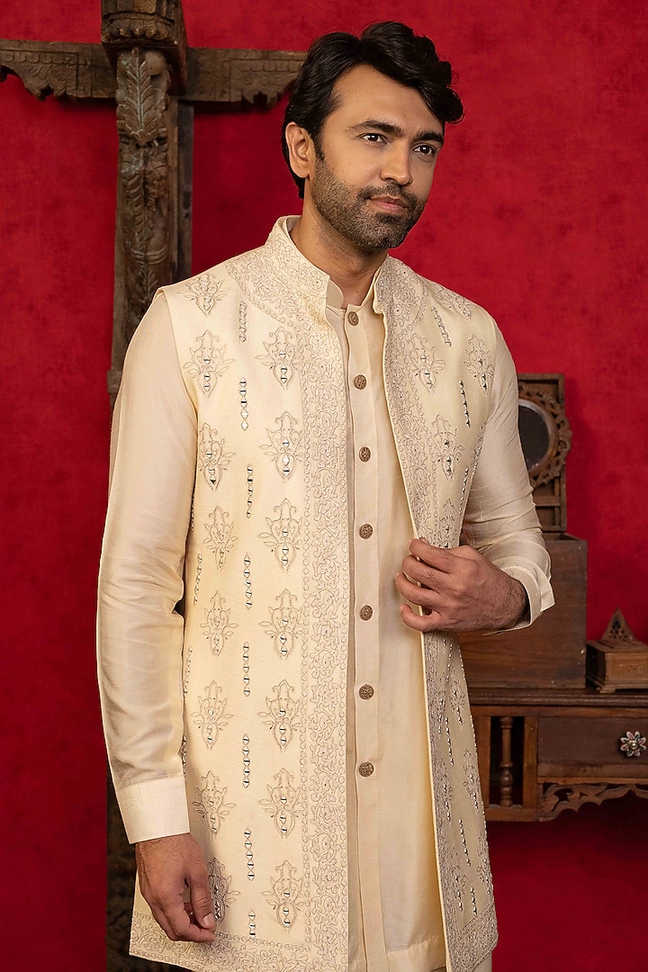 Peach Dupion Silk Mirror Embroidered Open-Wedding Indowestern Set by ADANI at Pernia's Pop Up Shop