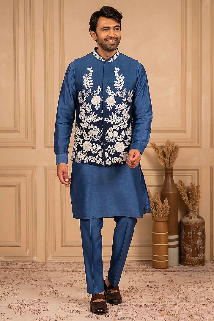 Blue Ombre Dupion Silk Dori Embroidered Bundi Jacket Set by ADANI at Pernia's Pop Up Shop