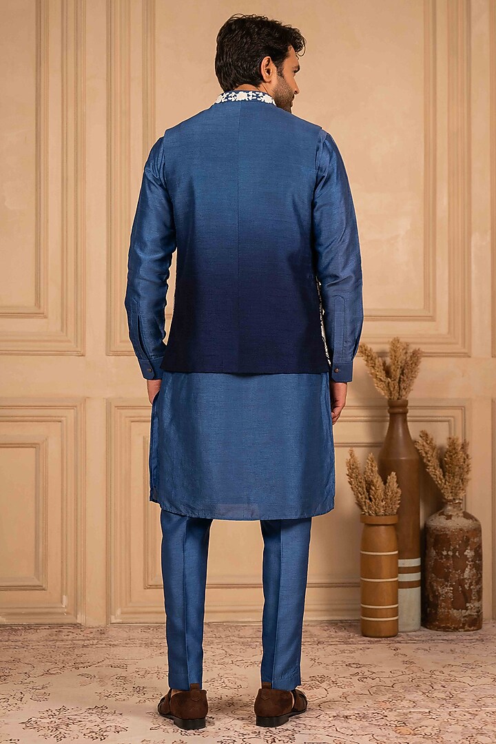 Blue Ombre Dupion Silk Dori Embroidered Bundi Jacket Set by ADANI at Pernia's Pop Up Shop