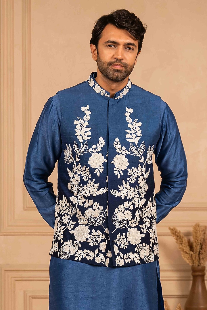 Blue Ombre Dupion Silk Dori Embroidered Bundi Jacket Set by ADANI at Pernia's Pop Up Shop