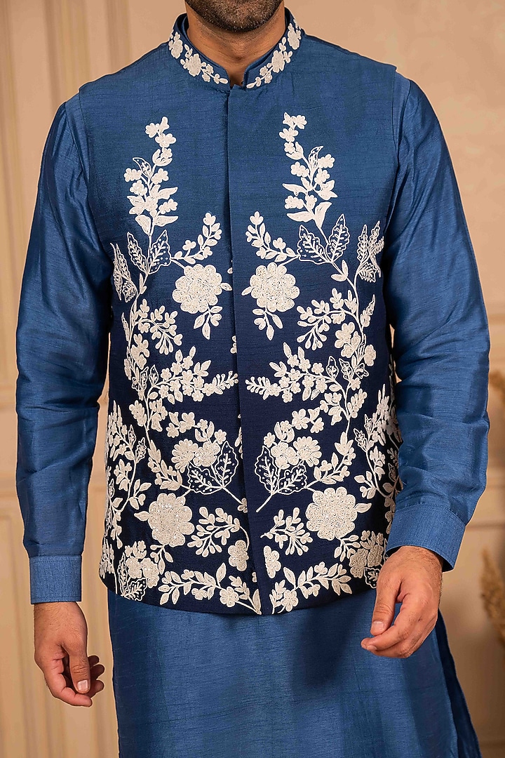 Blue Ombre Dupion Silk Dori Embroidered Bundi Jacket Set by ADANI at Pernia's Pop Up Shop