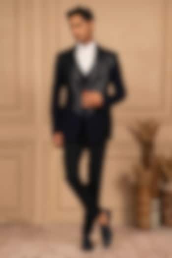Deep Blue Velvet Metallic Embroidered Tuxedo Set by ADANI at Pernia's Pop Up Shop