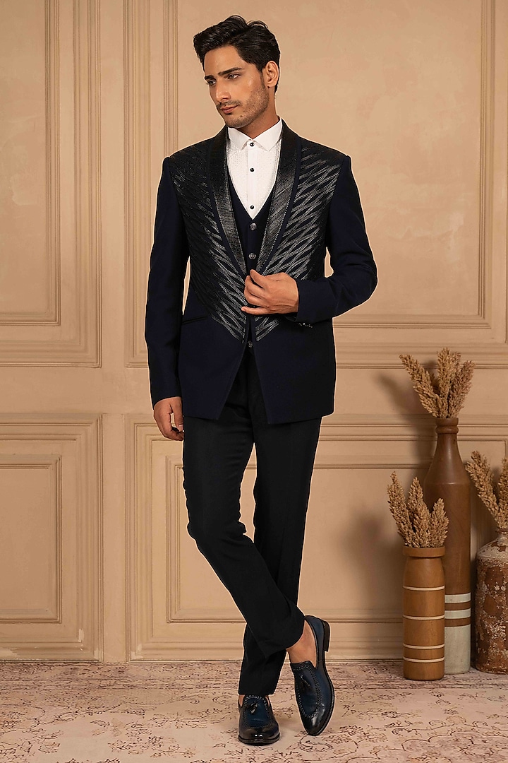 Deep Blue Velvet Metallic Embroidered Tuxedo Set by ADANI at Pernia's Pop Up Shop