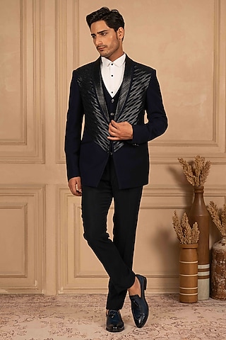 Deep Blue Velvet Metallic Embroidered Tuxedo Set by ADANI