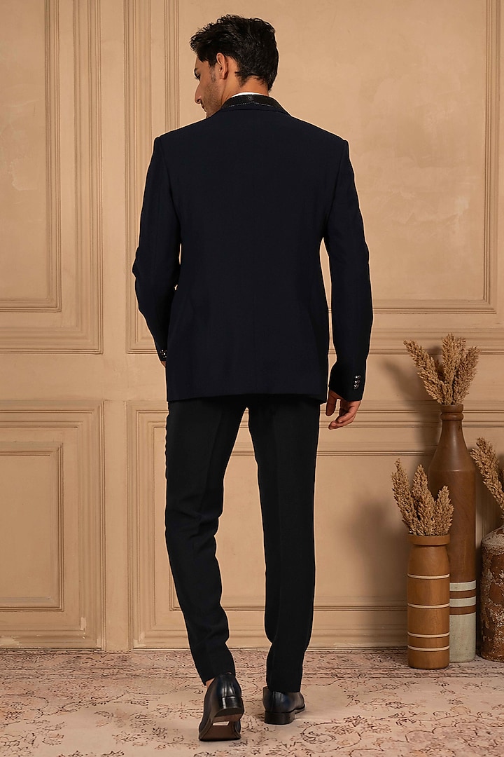 Deep Blue Velvet Metallic Embroidered Tuxedo Set by ADANI at Pernia's Pop Up Shop