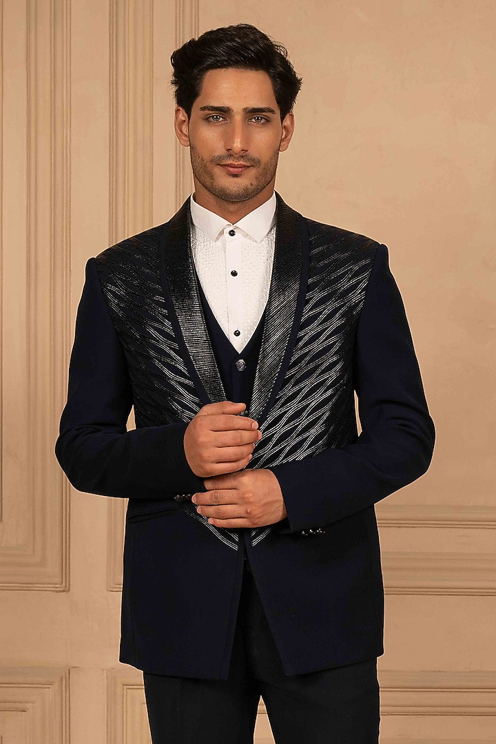Deep Blue Velvet Metallic Embroidered Tuxedo Set by ADANI at Pernia's Pop Up Shop