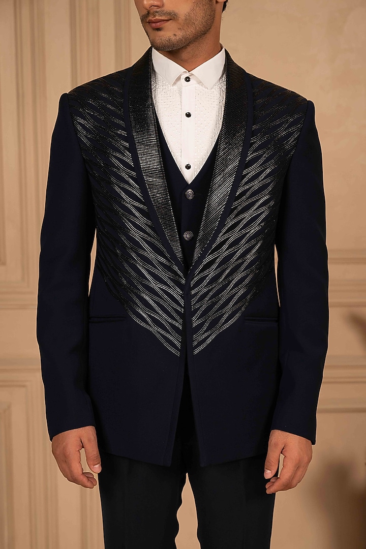 Deep Blue Velvet Metallic Embroidered Tuxedo Set by ADANI at Pernia's Pop Up Shop