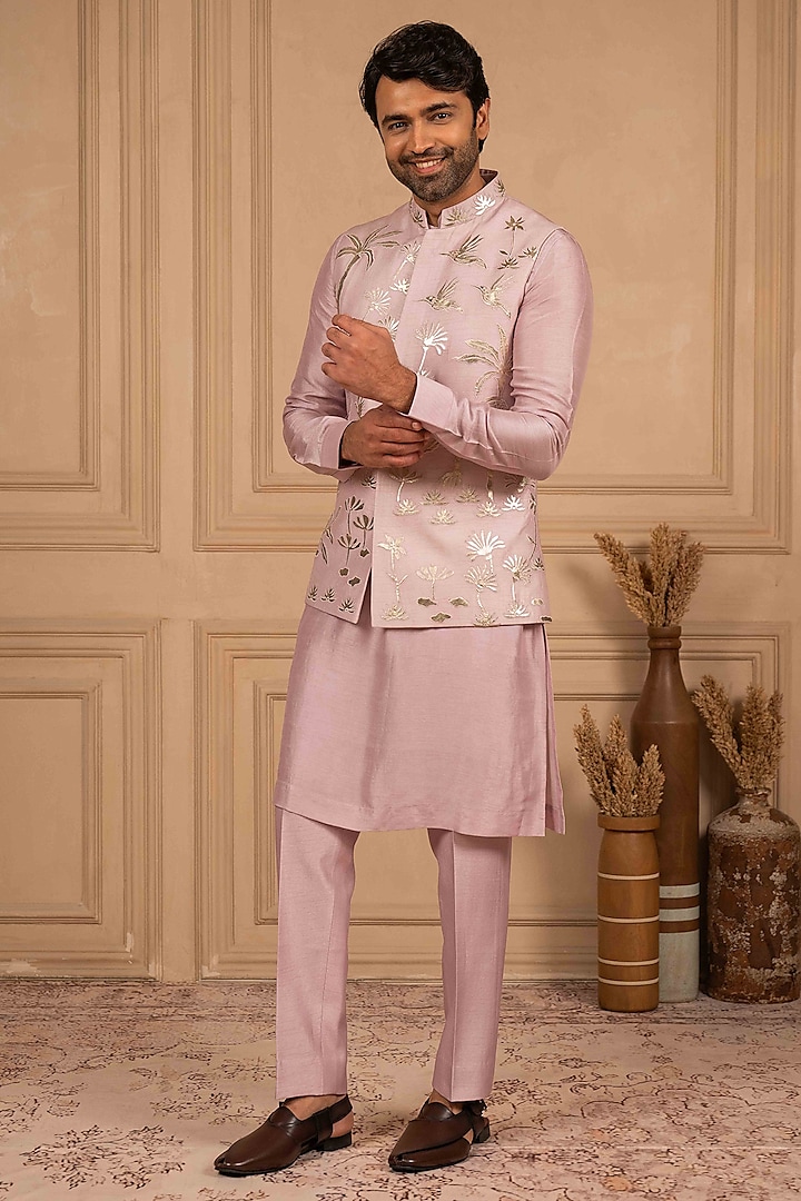 Lilac Dupion Silk Foil Applique Work Bundi Jacket Set by ADANI at Pernia's Pop Up Shop