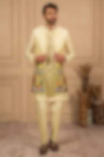 Lemon Yellow-Moss Green Ombre Dupion Silk Threadwork Long Jacket Set by ADANI at Pernia's Pop Up Shop