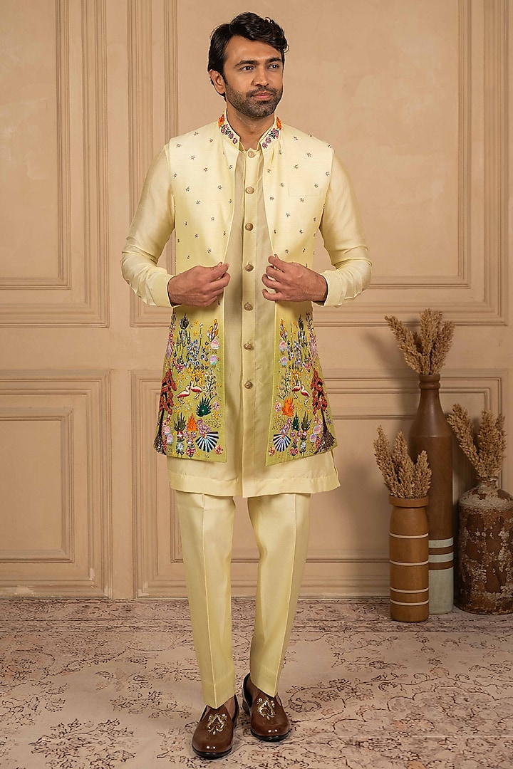 Lemon Yellow-Moss Green Ombre Dupion Silk Threadwork Long Jacket Set by ADANI at Pernia's Pop Up Shop