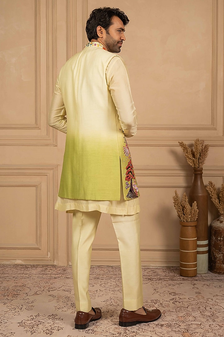 Lemon Yellow-Moss Green Ombre Dupion Silk Threadwork Long Jacket Set by ADANI at Pernia's Pop Up Shop