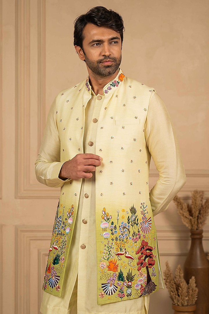 Lemon Yellow-Moss Green Ombre Dupion Silk Threadwork Long Jacket Set by ADANI at Pernia's Pop Up Shop