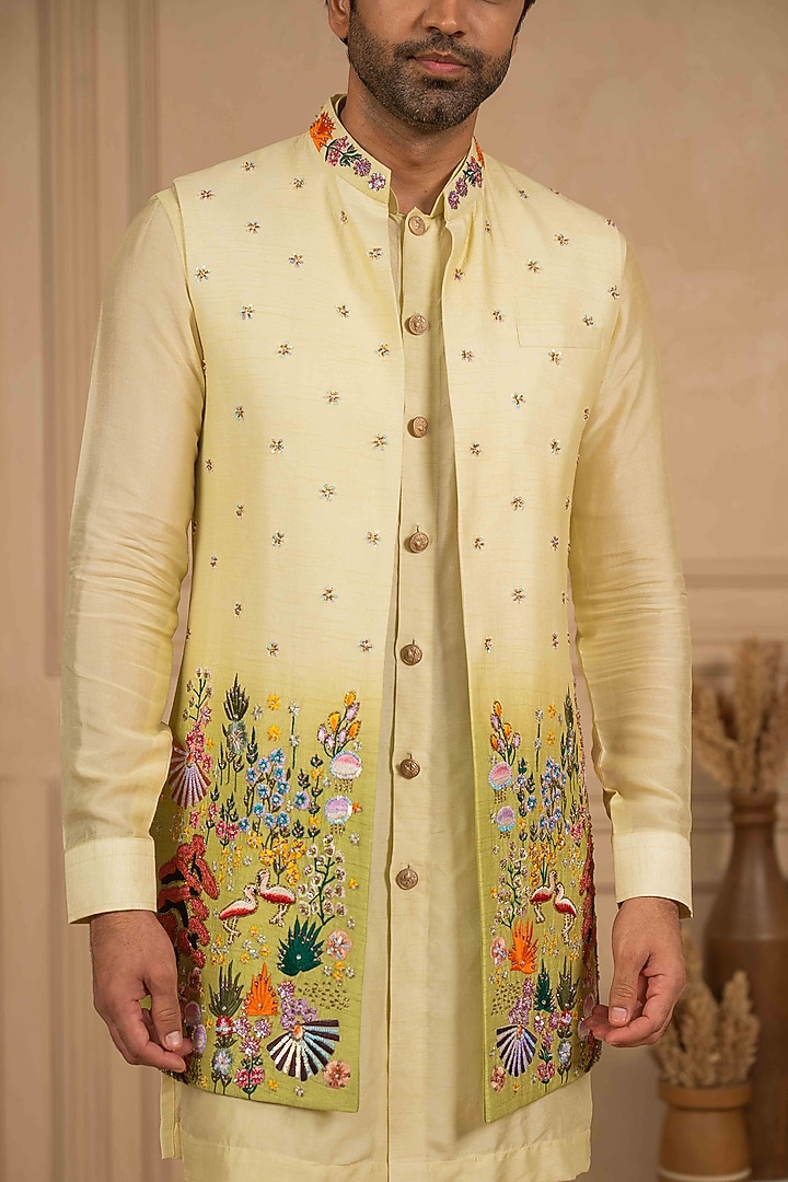 Lemon Yellow-Moss Green Ombre Dupion Silk Threadwork Long Jacket Set by ADANI at Pernia's Pop Up Shop