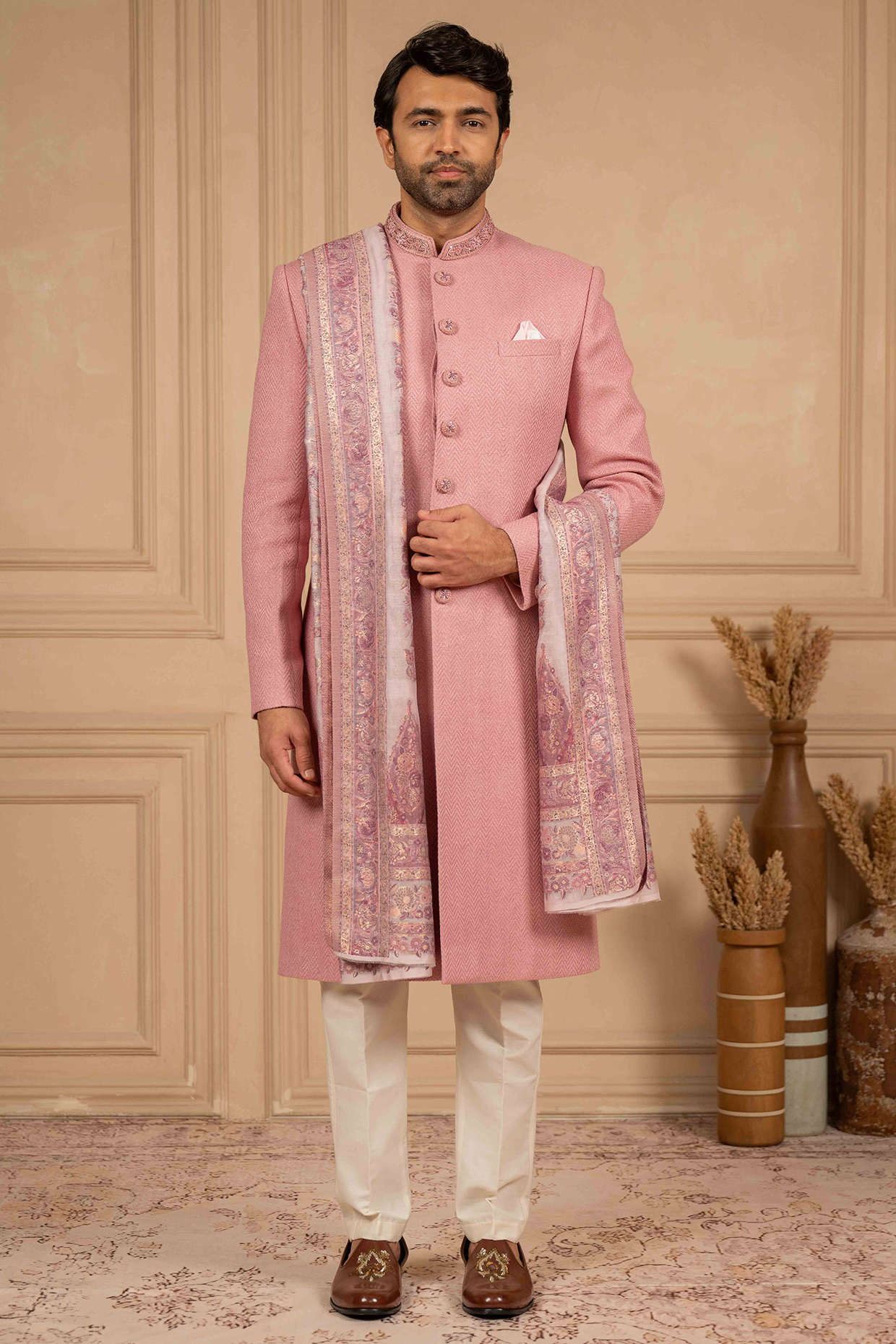 Dusty Rose Matka Hand Embroidered Sherwani Set by ADANI