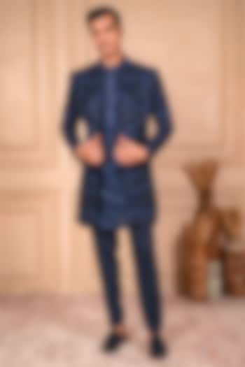 Navy Blue Raw Silk Thread Embroidered Open-Indowestern Set by ADANI