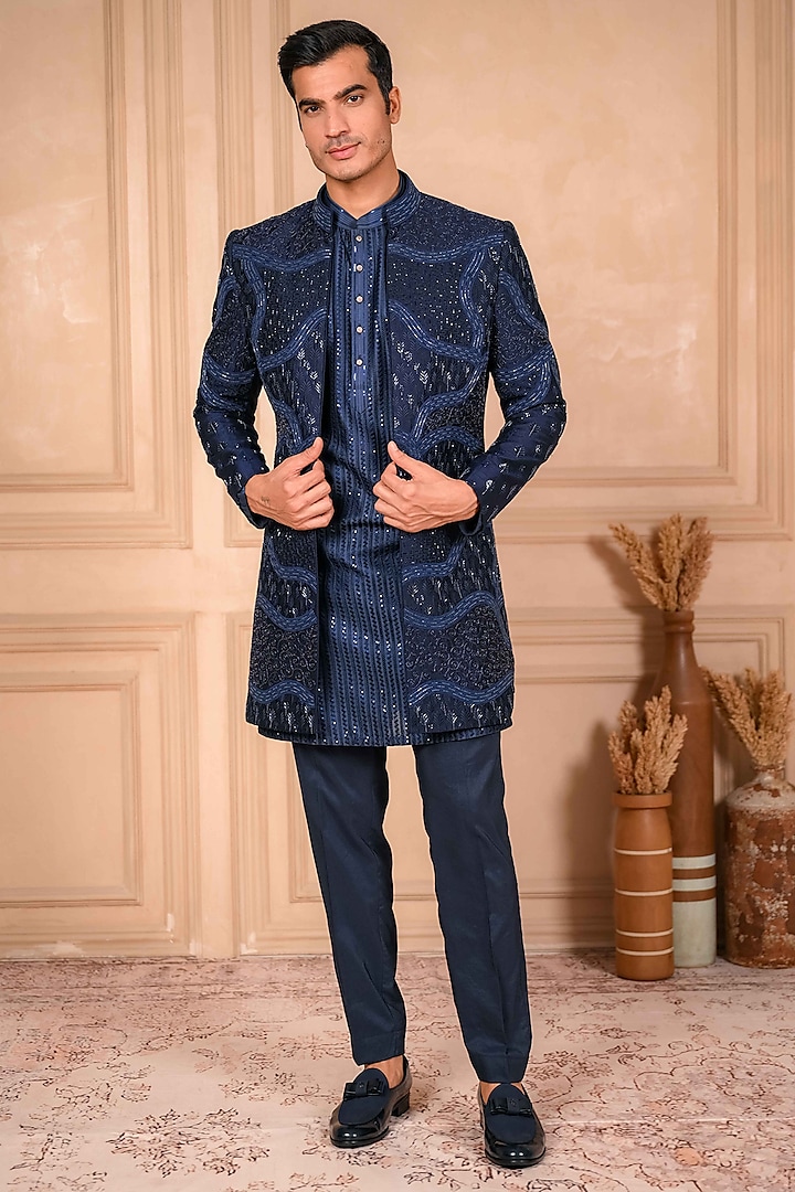 Navy Blue Raw Silk Thread Embroidered Open-Indowestern Set by ADANI