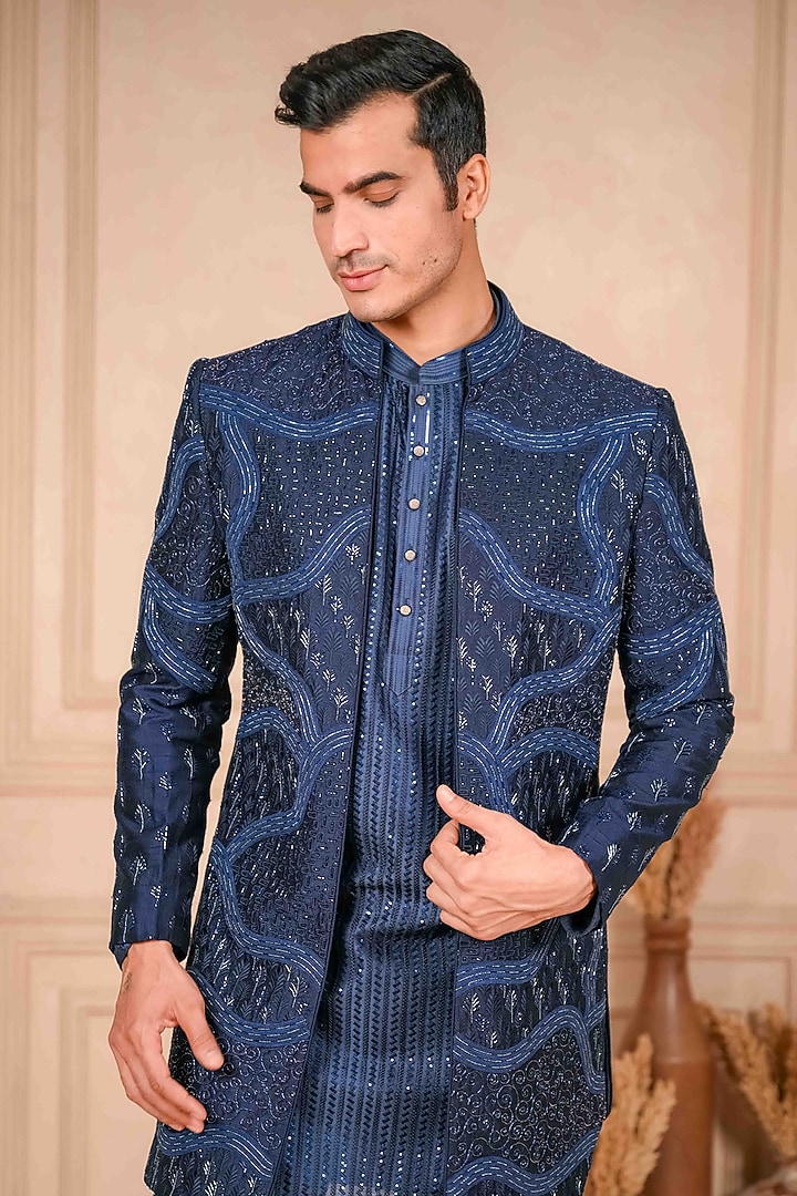 Navy Blue Raw Silk Thread Embroidered Open-Groom Indowestern Set by ADANI at Pernia's Pop Up Shop