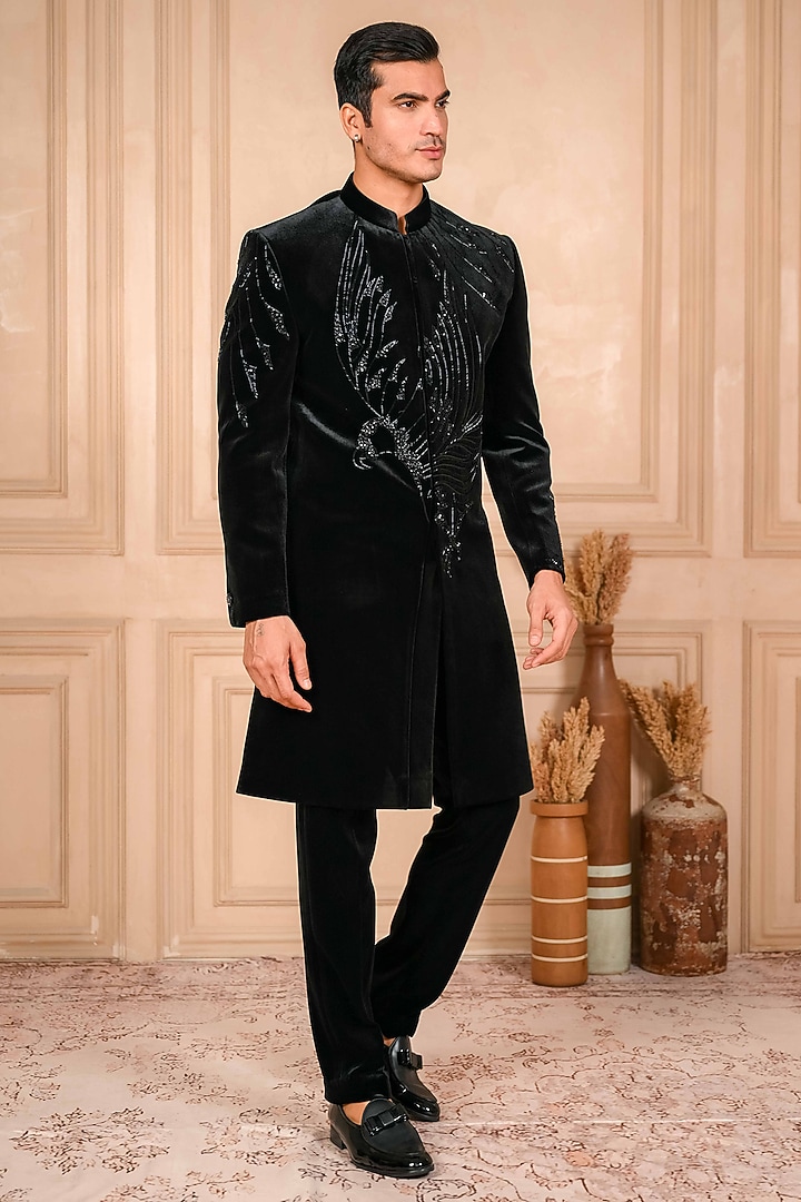 Black Velvet Cutdana Embroidered Wedding Indowestern Set by ADANI at Pernia's Pop Up Shop