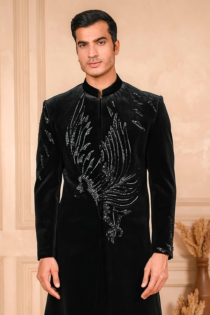 Black Velvet Cutdana Embroidered Wedding Indowestern Set by ADANI at Pernia's Pop Up Shop