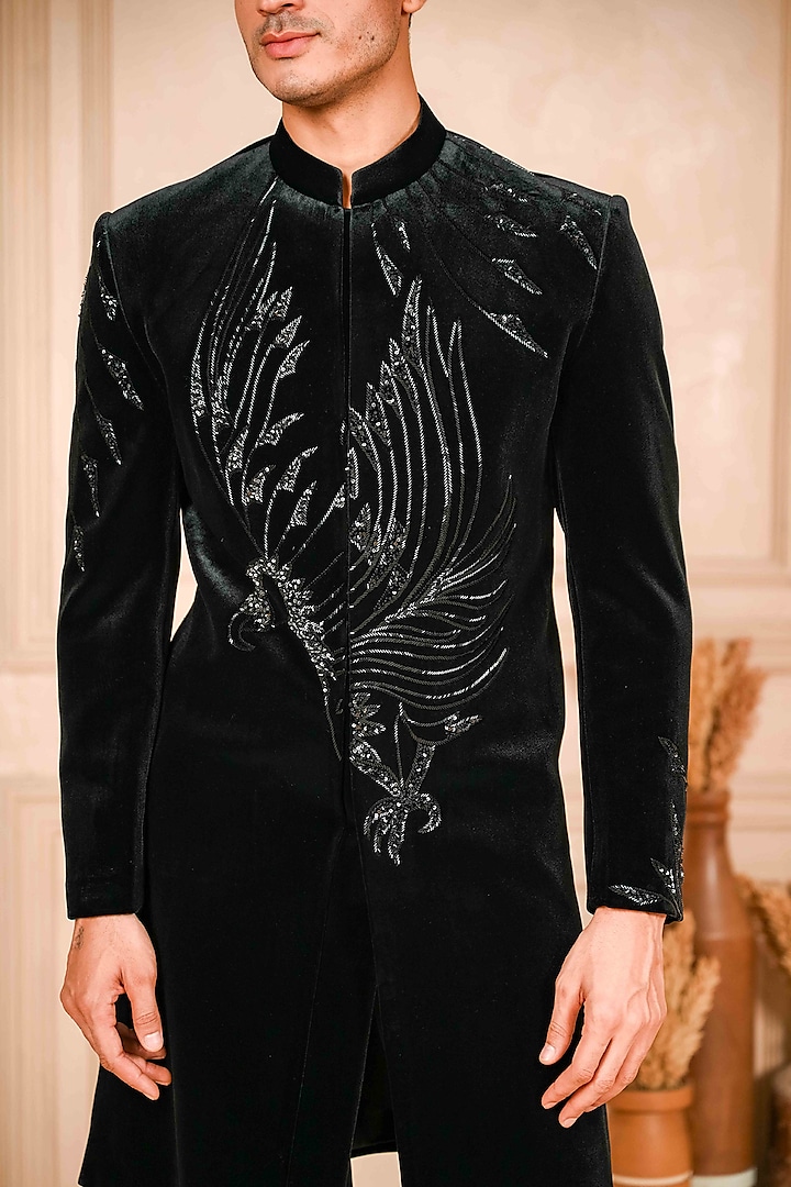 Black Velvet Cutdana Embroidered Wedding Indowestern Set by ADANI at Pernia's Pop Up Shop