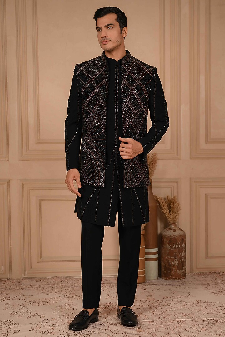 Deep Black Poly Lycra Hand Embroidered Groom Indowestern Set by ADANI at Pernia's Pop Up Shop