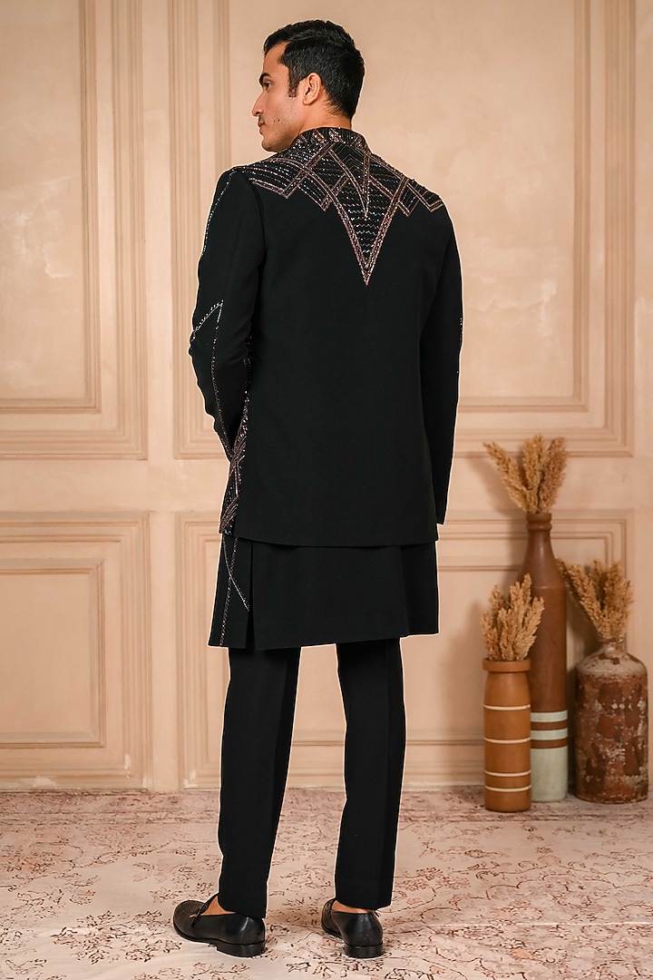 Deep Black Poly Lycra Hand Embroidered Groom Indowestern Set by ADANI at Pernia's Pop Up Shop